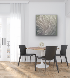 Abstrakta eļļas glezna pasteļu un sudrabainos toņos. Māksliniece Ilze Elizabete Romančenko, Elis.Artworks.