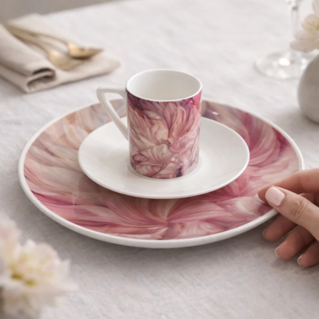 Espresso kafijas komplekts ar peoniju ziedu motīvu rozā un pieklusinātos toņos. Krūzīte ar apakštasīti un lielais servēšanas šķīvis Elis.Artworks dizainā.