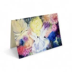 Atverama apsveikuma kartīte 10x15 cm formātā ar ziedu gleznas motīvu elegantos un harmoniskos toņos. Elis.Artworks dizains svētkiem