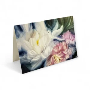 Atverama apsveikuma kartīte 10x15 cm formātā ar ziedu gleznas motīvu elegantos un harmoniskos toņos. Elis.Artworks dizains svētkiem