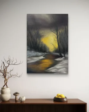 Koša ziemas ainavas eļļas glezna modernā interjerā. Māksliniece Ilze Elizabete Romančenko, Elis.Artworks.