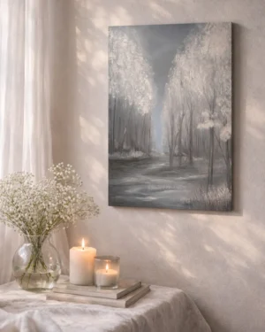 Ziemas ainavas eļļas glezna gaišā interjerā. Māksliniece Ilze Elizabete Romančenko, Elis.Artworks.