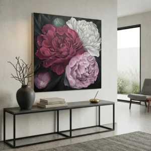 Ziedu glezna ar peonijām, Lielformāta glezna interjeram, Izmērs 100x100 cm.