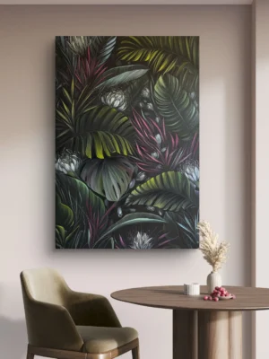 Tumša džungļu eļļas glezna ar tropu lapām modernam interjeram. Māksliniece Ilze Elizabete Romančenko, Elis.Artworks. Gleznas izmērs 80x120 cm.