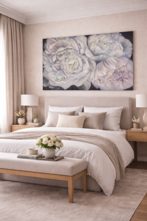 Liela izmēra eļļas glezna ar baltām peonijām guļamistabas interjerā. Izmērs 100x160cm. Māksliniece Ilze Elizabete Romančenko, Elis.Artworks.