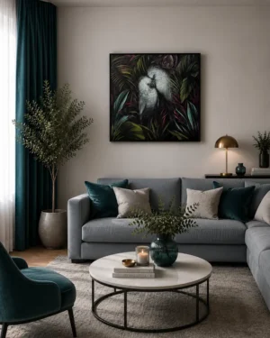 Eļļas glezna ar baltiem papagaiļiem un eksotisku tropu lapotni. Elis.Artworks.