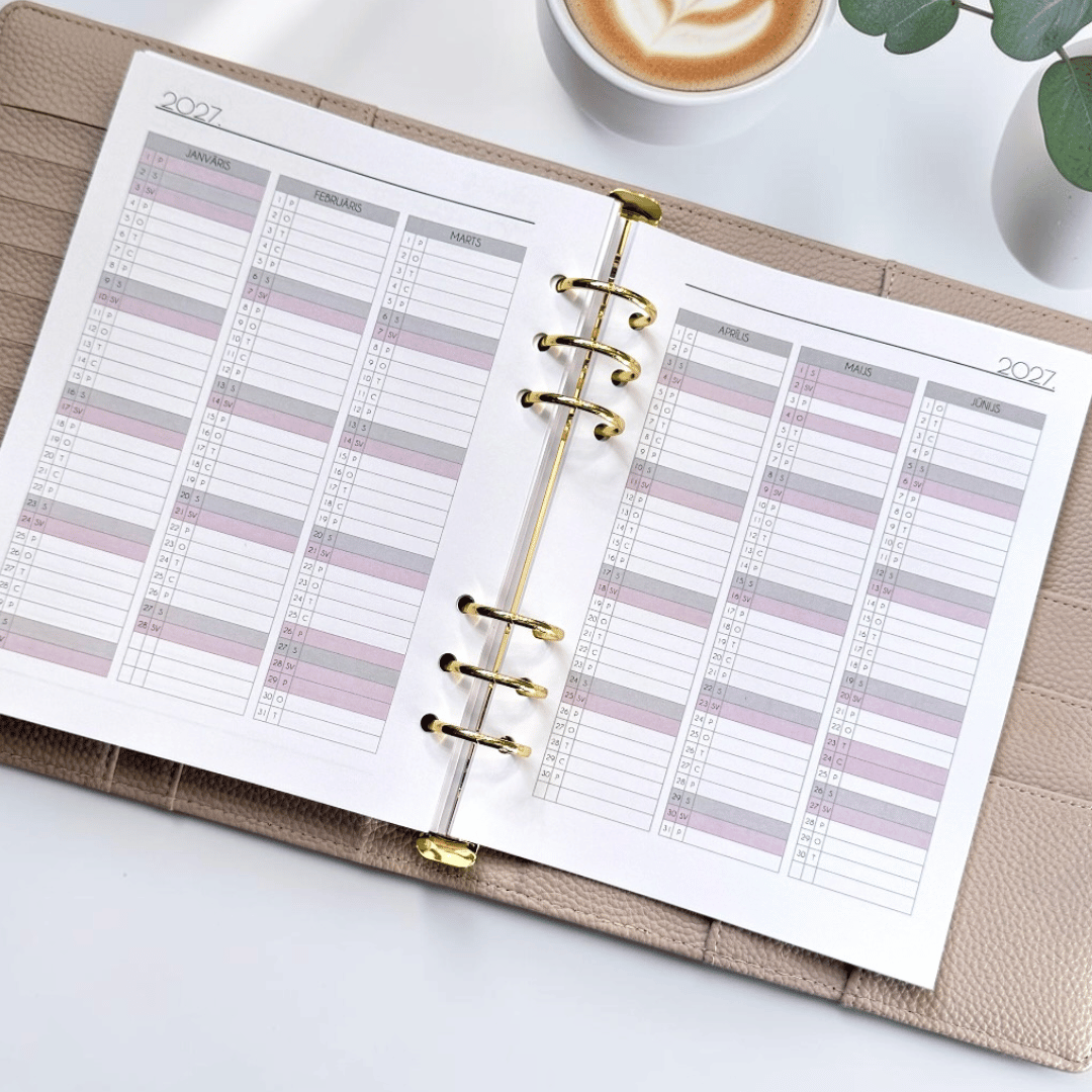 Kalendāra iekšlapas paplašinātam A5 6 riņķu plānotājam (158 × 210 mm) ar trim plānojuma veidiem – horizontālo, vertikālo un viena diena vienā lapā.