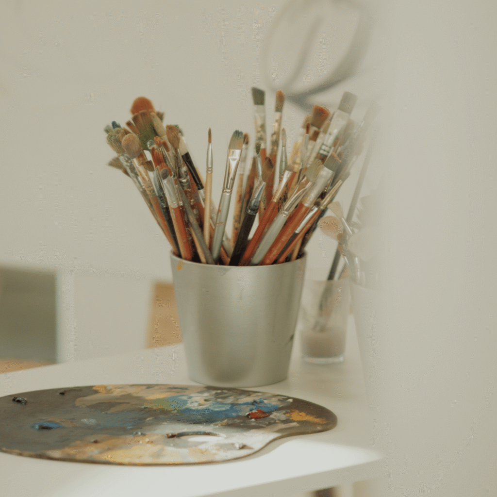 Gleznošanas otas un krāsu palete Elis.Artworks studijā Liepājā, kur māksliniece Ilze Elizabete Romančenko vada gleznošanas meistarklases.