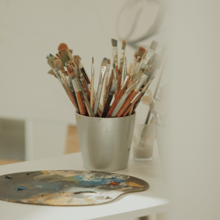 Gleznošanas otas un krāsu palete Elis.Artworks studijā Liepājā, kur māksliniece Ilze Elizabete Romančenko vada gleznošanas meistarklases.
