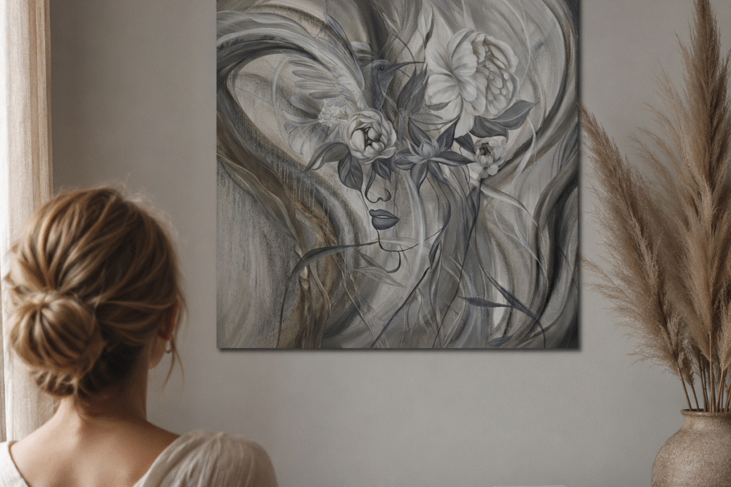 Sieviete no mugurpuses vēro eļļas gleznu "Meža feja" uz sienas gaišā, mierpilnā interjerā. Noskaņas foto ar Elis.Artworks gleznu.