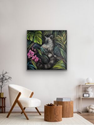 Oriģināla eļļas glezna “Le' Murr” interjerā, 80 × 80 cm. Tropu džungļu mākslas darbs ar lemūru un orhidejām. Ilze Elizabete Romančenko, Elis.Artworks.