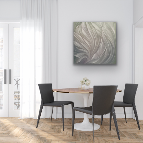 Abstrakta eļļas glezna pasteļu un sudrabainos toņos. Māksliniece Ilze Elizabete Romančenko, Elis.Artworks.