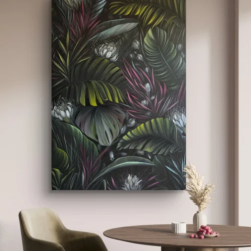 Tumša džungļu eļļas glezna ar tropu lapām modernam interjeram. Māksliniece Ilze Elizabete Romančenko, Elis.Artworks. Gleznas izmērs 80x120 cm.
