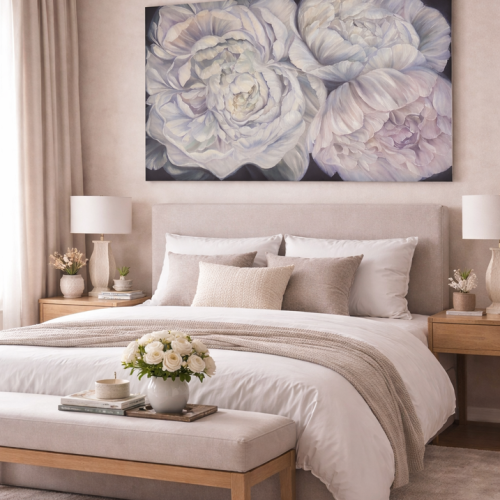Liela izmēra eļļas glezna ar baltām peonijām guļamistabas interjerā. Izmērs 100x160cm. Māksliniece Ilze Elizabete Romančenko, Elis.Artworks.