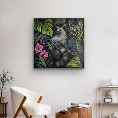 Oriģināla eļļas glezna “Le' Murr” interjerā, 80 × 80 cm. Tropu džungļu mākslas darbs ar lemūru un orhidejām. Ilze Elizabete Romančenko, Elis.Artworks.